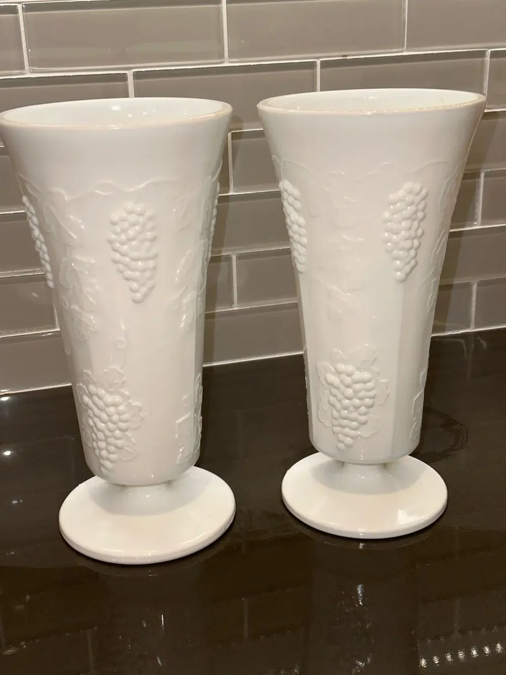 Set of 2 Vintage 10” Indiana Glass Colony Harvest Grape Milk Glass Vase